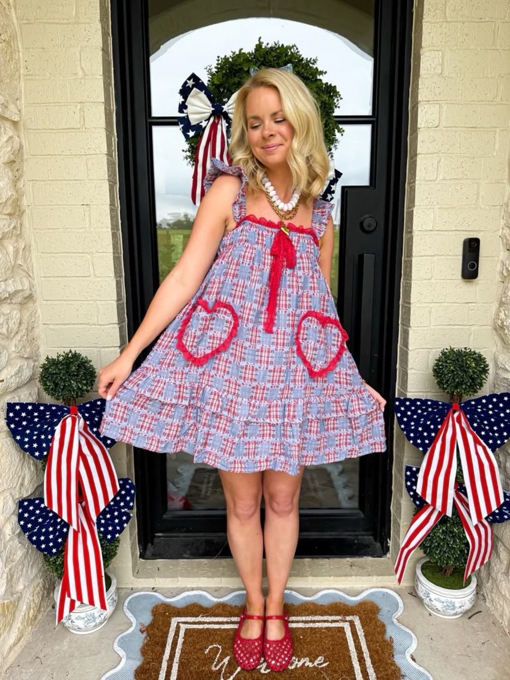 Red & Blue Plaid Ruffled Heart Pocket Sundress